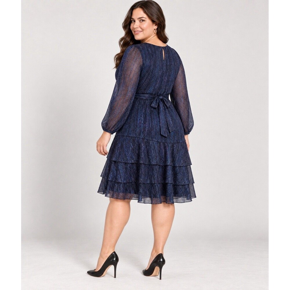MSK Petite Large Navy Blue Metallic Tie Tiered Mini Dress Long Sleeve NWT $79